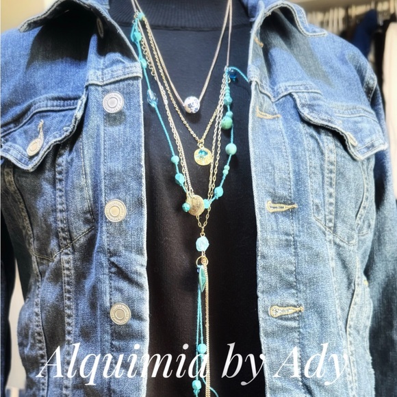 Chains and threads layered turquoise gold bold statement necklace